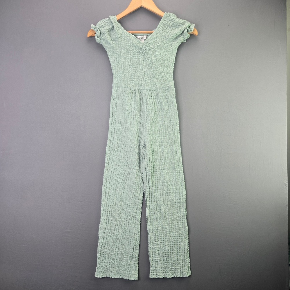 Ellie Belle Girls Jumpsuit Popcorn Textured Wide Leg Size 8 Sage Green Boho Summ